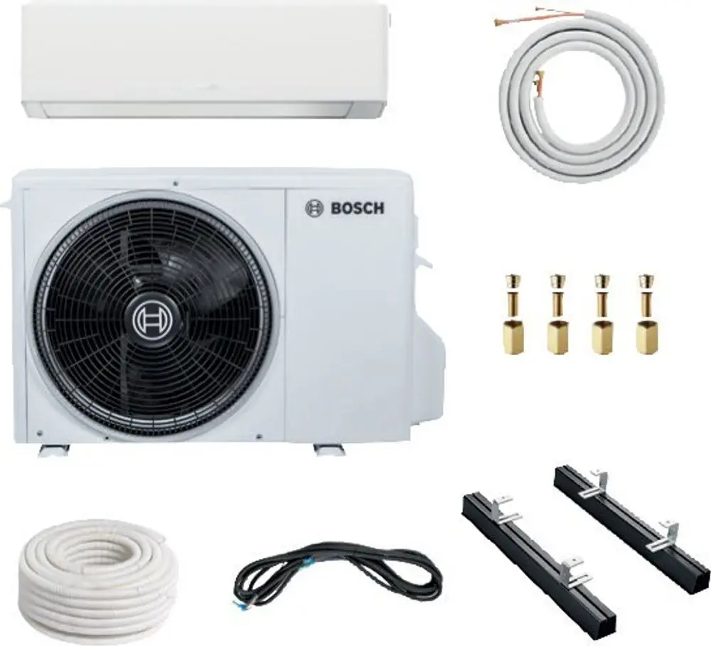 Split-Klimaanlage von Bosch, bestehend aus Innengerät, Außengerät, Verbindungsschläuchen, Montagematerial und Adapter für die Installation.